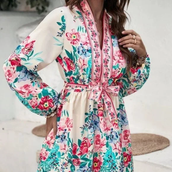 Floral pattern Lantern Sleeve Belted mini Dress - Picture 4 of 8